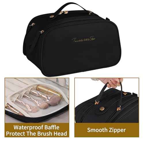 Leather Makeup Bag for Women, Portable Travel Cosmetic Bags Zipper Make Up Pouch for Ladies Woman, Large Toiletry Organizer Bag for Toiletries Cosmetics Accessories, Black