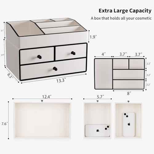 GORESE Leather Makeup Organizer with Drawers for Vanity, Stackable Skincare Holder Dresser Organizer Countertop, Make Up Storage Organizers Counter Cosmetic Display Case Gifts for Women(Cream White)