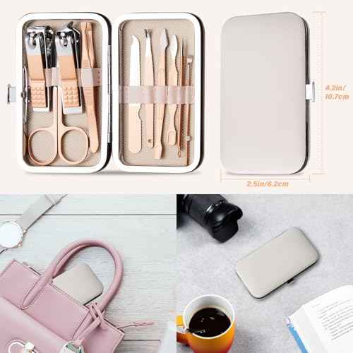 Manicure Set 10 in 1 Nail Clippers Kit Gifts for Men and Women, Fingernail Clipper Stainless Steel Nail Care Tools with Leather Travel Case (Gold)