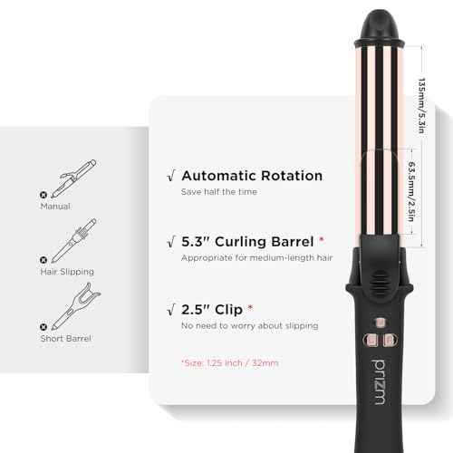 Prizm 1.25inch/32mm Automatic Curling Iron for Big Curler, Rotating Curling Wand Up to 450¡ÆF, LCD Display, Auto-Shut Off & Dual Voltage, Negative Ion