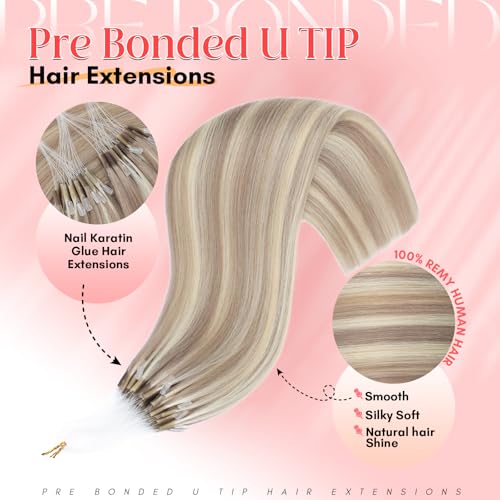 S-noilite U Tip Hair Extensions 100% Real Remy Human Hair Upgraded Micro Ring K Tip Extensions Pre Bonded Keratin Hair Extensions 50g/50 Stands 22 Inch Ash Blonde Highlighted Bleach Blonde