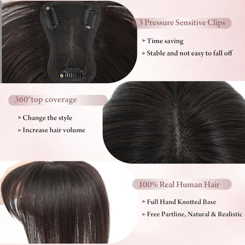 SARO-UP Hair Toppers for Women Real Human Hair Toppers for Women with Thinning Hair Pieces with Bangs Top Handmade Swiss Base HairPieces 10Inch (Dark Brown)