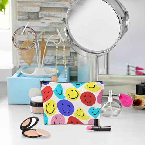 FATHER.SON Smile Face Makeup Bag, Cosmetic Bags for Women Girls, Large Capacity Linen Aesthetic Organizer Bag Zipper Pouch for Toiletry Travel (#4 smile)