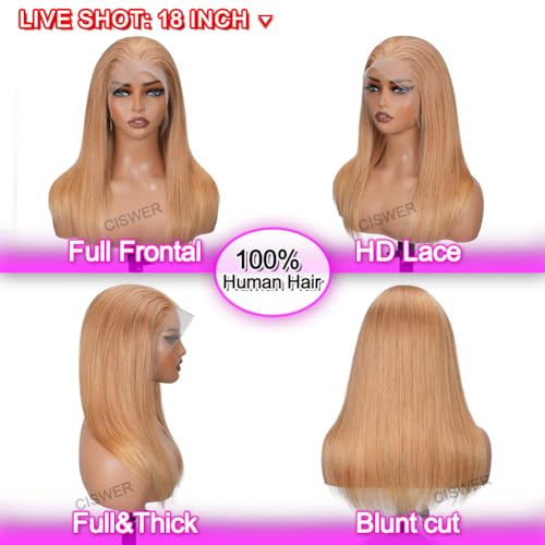 Blonde Lace Front Wigs Human Hair Straight 13x4 HD Lace Wigs Human Hair for Black Women with 180 Density 18 Inch Long Bob 27# Color