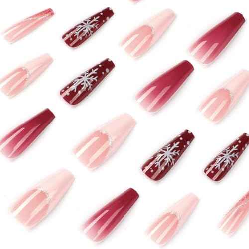 Christmas Press on Nails Long Coffin Red Fake Nails Pink Gradient with Snowflake French Tip Design Glue on Nails Acrylic Glitter Glossy Full Cover Stick on False Nails for Women Manicure 24pcs