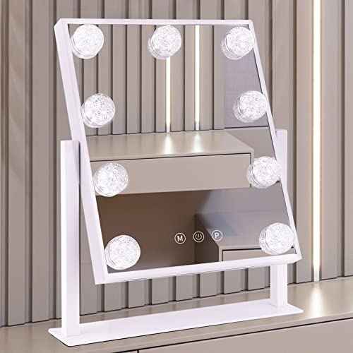 Vanity Mirror with Lights, Hollywood Lighted Makeup Mirror with 3 Color Modes and 9 Dimmable Diamond LED Light Bulbs, Detachable 10X Magnification, 360¡Æ Rotation, Touch Control, White