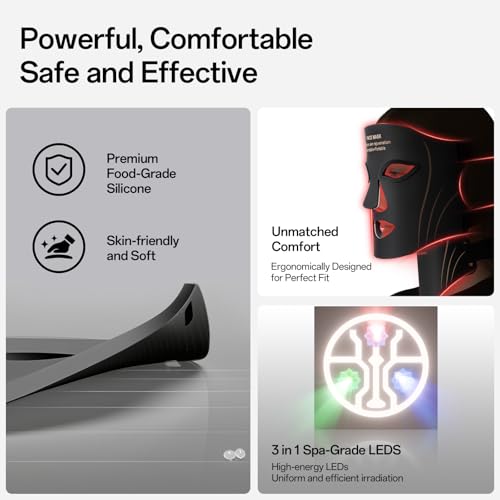 Red Light Mask for Face and Neck - Facial Skin Care Device, Portable, Lightweight, Rechargeable and Ergonomic Design for Home (Black)