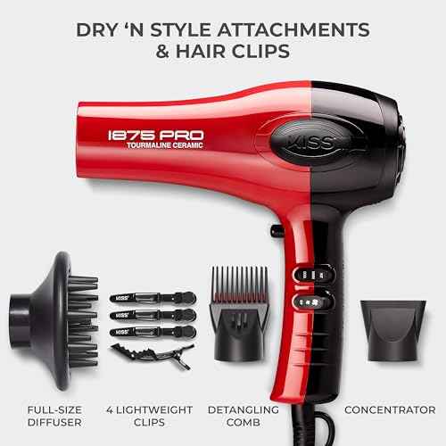 KISS 1875 Watt Pro Tourmaline Ceramic Hair Dryer, Styling Edition, 3 Heat Settings, 2 Speed Settings, Cool Shot Button, 7 Blow Dryer Accessories Included, 2-Year Warranty - Red