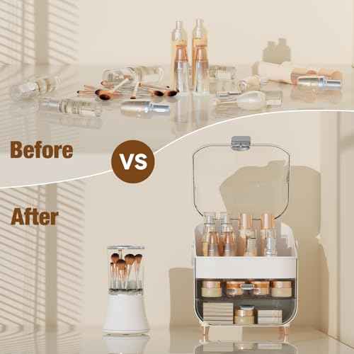 Makeup Organizer, skincare Organizers with Drawers and Lid, Makeup Organizer for Vanity with Handle for Vanity, Dresser, Bathroom Countertop, Christmas Gifts for Teen Girls Countertop(Silver)