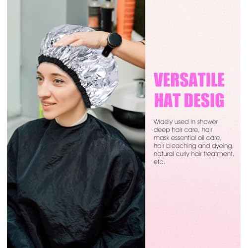 Heat Cap for Deep Conditioning, 4Pcs Hair Mask Heat Cap for Deep Conditioning Oil Treatment, Reusable & Elastic Aluminum Foil Hat Ideal for Coloring Perm, Steam Shower Spa Use