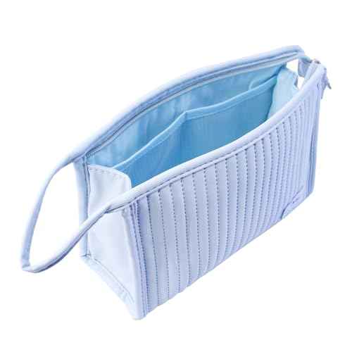 Small Makeup Bag Simple Cosmetic Pouch, Water Resistant PU Striped Leather Portable Travel Toiletry Bag with Handle for Women and Girls (Light Blue)