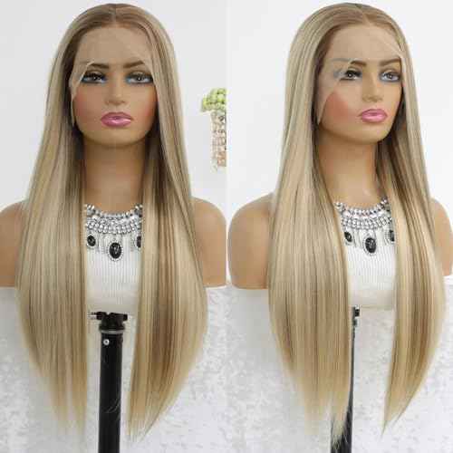 Highlight Light Blonde 13x6 Lace Front Wig Pre Plucked Glueless Long Straight Ombre Mixed Brown Blonde HD 13x6 Frontal Wig Free Deep Part Synthetic Lace Front Wigs for Women