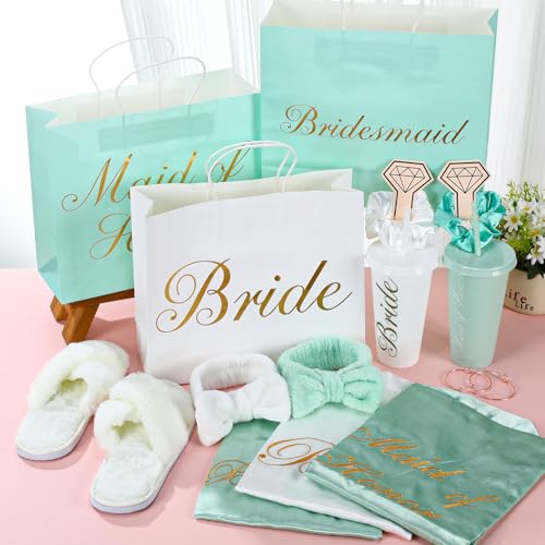 42 Pcs Bridesmaid Bride Robes Set of 6 Bridal Party Silk Satin Robes for Wedding Bachelorette Party Gifts (White,Sage Green)