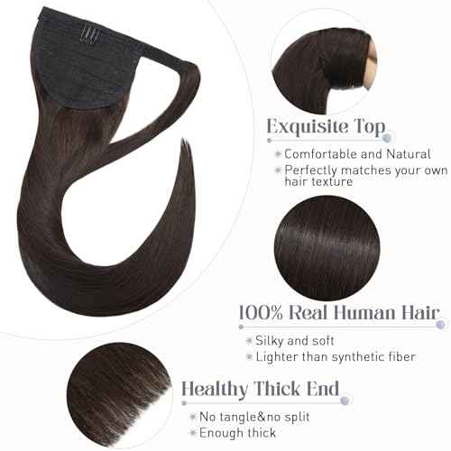 Rich Choices Ponytail Extension 100% Real Human Hair Wrap Around Remy Ponytail Extension for Women One Piece Clip In Long Pony tail Extensions Straight 18 Inch #2 Dark Brown