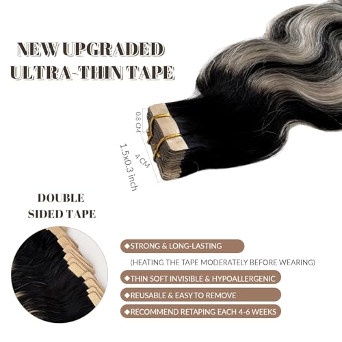 Tape in Hair Extensions Human Hair 26 Inch Body Wave Natural Black Hair Balayage Silver Grey Highlights Hair Extensions Real Human Hair Tape ins for Black Women 20 PCS Double Sided Tape Hair 50G
