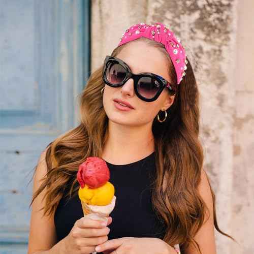 YISSION 1PC Crystal Pearl Knotted Headband for Women Non Slip Rhinestone Headband Wide Pearl Headbands for women Jeweled Embellished Hairband Hot Pink Head Band Hair Accessories for Women Girls