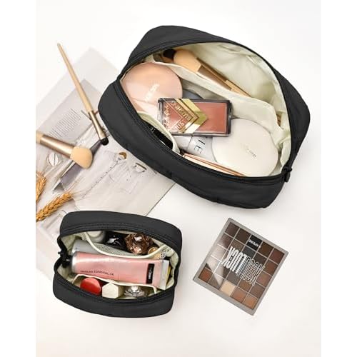 oscaurt 2 Pcs Makeup Bag Travel Toiletry Bag for Women Puffy Padded Cosmetic Pouch Purse Wide-open Makeup Organizer Case Travel Essentials