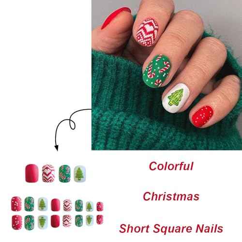 Christmas Press on Nails Square Short Fake Nails Red Green False Nails with Christmas Tree Crutch Designs Glue on Nails Xmas Acrylic Nails Press ons Full Cover Stick on Nails for Women Manicure 24Pcs