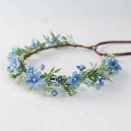 Handmade Blue Flower Crown Flower Wreath for Women Girls Headband Bridal Headpiece Hair Accessories Halo Headdress for Weeding Party Festival Birthday