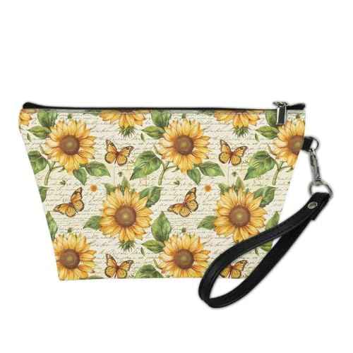 Retro Sunflower Butterfly Cosmetic Bag for Women Travel Organizer Makeup Bag Zipper Purse Lightweight Toiletry Organizer Pouch Clutch Bag with Wrist Strap