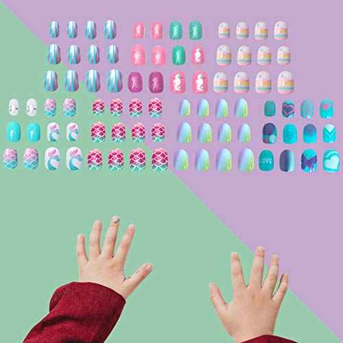 SIUSIO 120Pcs 5 Pack Children Acrylic Fake Nails Press on Pre-glue Full Cover Glitter Gradient Color Short False Nail Art Kits Sets Great Christmas Gift for Kids Little Girls - Mermaid Beach