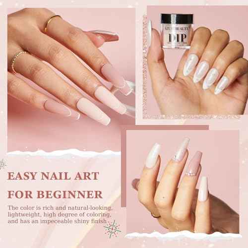 AZUREBEAUTY Dip Powder Nail Kit Starter, All Season Nude Skin Glitter 4 Colors Dipping Powder Liquid Set Recycling Tray with Base & Top Coat Activator for French Nail Art Manicure Salon DIY at Home.