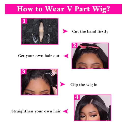 V Part Wigs Human Hair Straight Minimal/No Leave Out Upgrade U Part Wig for Black Women 200% Density Clip in Half Wig No Lace No Glue No Sew Natural Black 22 Inch