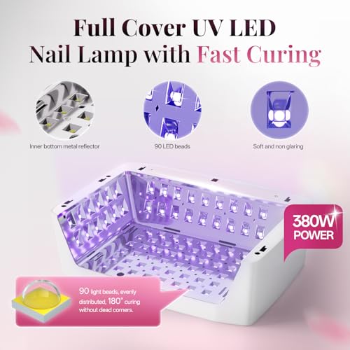 krofaue 380W Fast Curing UV Nail Lamp with Auto Sensor Professional Cordless UV Light for Gel Nails with Detachable Arm Rest, 6 Timers UV/LED Nail Dryer for Nail Salon and Home DIY