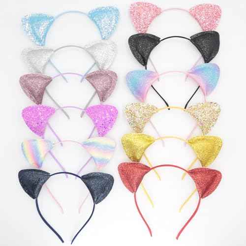12 Shining Cat Ear Headbands, Daily Decorations Party Lovely Sequin Headwear, Hair Hoop for Girls Women