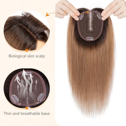 Benehair 100% Remy Human Hair Toppers for Women 12 Inch Hair Pieces for Thinning Hair No Bangs with 4 * 4.7'' Hand Made Lace Base with 3 Clips Real Hair Toppers for Women Ombre Dark Brown