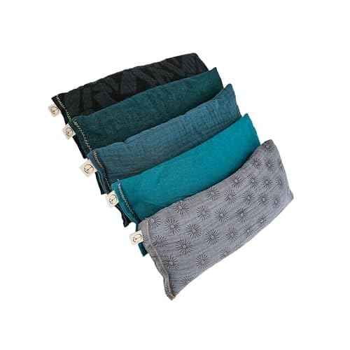 Unscented Eye Pillows (Sampler Pack of 5) - Soft Cotton Gauze Flannel - Filled with Flax Seed Weighted for Yoga Meditation Headache Relief Sleep Massage Bulk - Blue Teal