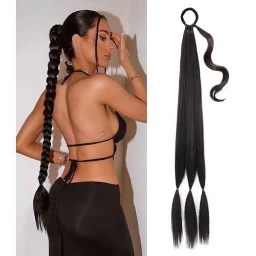 Long Braid Ponytail Extension with Hair Tie DIY Wrap Around Synthetic Hairpiece Natural Soft Fluffy Style for Women¡¯s Daily Wear (34 Inch Brown Black)