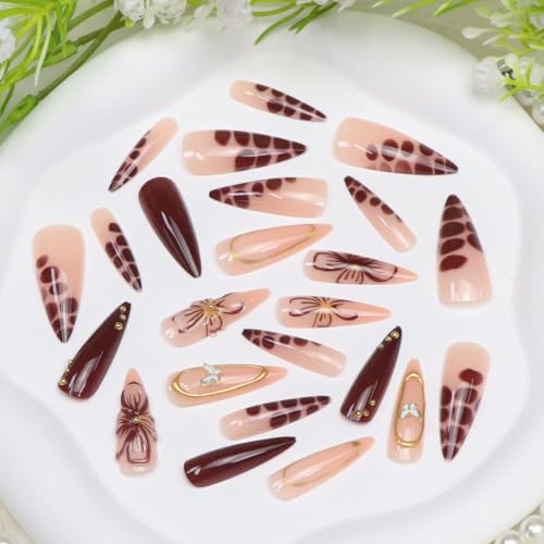 Stiletto Press on Nails Long Cute Flowers and Butterflies with Golden Lines and Steel Beads Fake Nails Press ons Brown Almond Acrylic Glue on Nail Glossy Stick on Nail for Women 24 Pcs