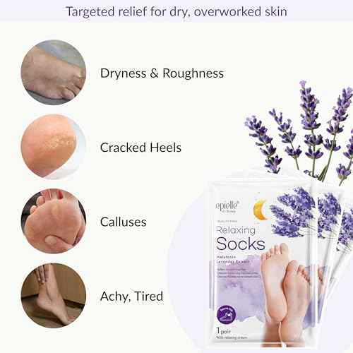 Epielle Relaxing Foot Masks 6 Pairs, Deep Moisturizing Socks for Dry Feet & Cracked Heels, Relieve and Soften with Melatonin & Lavender Extract, Korean Skin Care, Foot Spa, Self Care Gifts for Women