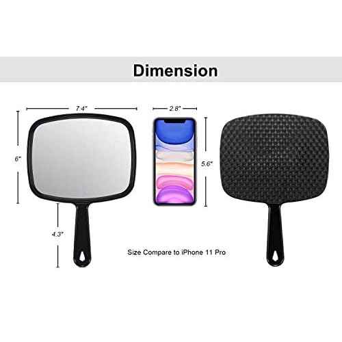 PROTECLE Hand Mirror, 10.3" L x 7.4" W Salon Barber Hairdressing Handheld Mirror with Handle, Square Black