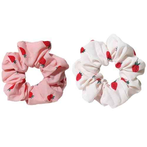 Chiffon Scrunchies for Hair - 2Pcs Pink White Strawberries Print Satin Hair Scrunchies for Thick Curly Hair Ties Large Hair Elastic Bands Ponytail Holder Summer Hair Accessories for Women Girls Gifts