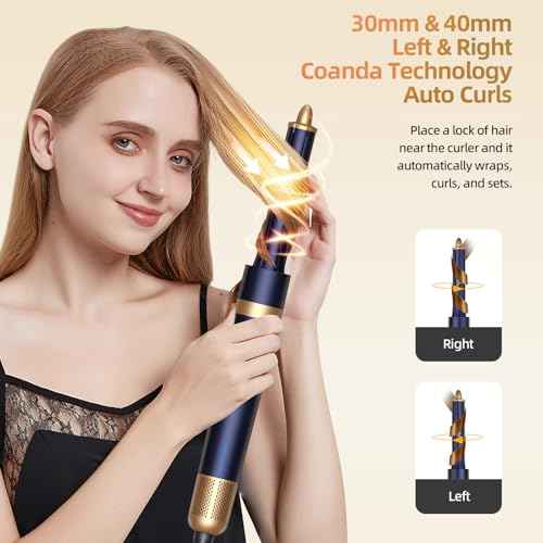 T-GOGO Hair Dryer Brush Professional: 6 in 1 Hot Air Hair Styler & Dryer Set, Powerful Hair Air Curling Iron High-Speed Negative Ionic Blow Dryer, Auto-Wrap, No Heat Damage (Dark Blue)