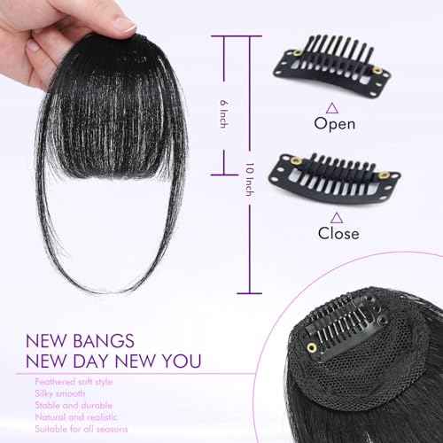 Clip in Bangs 100% Real Human Hair Extensions Wispy Natural Black Fake Bangs Hair Clip on bangs for women Fringe with Temples Hairpieces Faux Bangs for Daily Wear