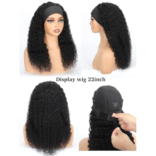 Water Wave Headband Wig Human Hair 18inch Curly Drawstring Headband Wigs Human Hair Wear and Go Glueless Wigs for Black Women Brazilian Virgin Hair 220 Density Natural Color