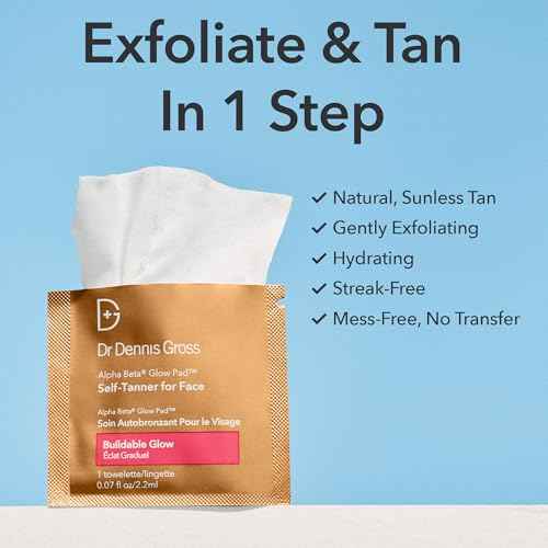 Dr. Dennis Gross Glow Pad Self-Tanner for Face ? Exfoliating & Anti-Aging Towelette with AHAs & BHAs, Buildable Natural Glow, Hydrating & Streak-Free Application, 20 Pack