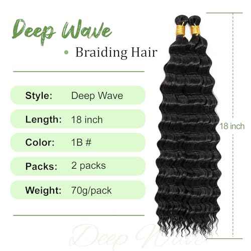 Eerya Long Curly Braiding Hair 18 Inch 2 Packs Ocean Wave Crochet Hair for Black Women Deep Wave Braiding Hair for Boho Braids (18 inch, 1B)