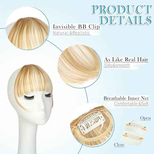 Clip in Bangs, Wispy Bangs Hair Clip,Natrual Fake Bangs Fringe with Temples Hairpieces for Women Clip on Faux Bangs Hair Extensions for Daily Wear Light Blonde Mix Bleach Blonde