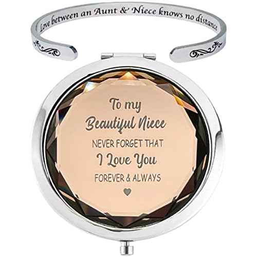 To My Niece Gifts from Aunt, Niece Compact Mirror Champagne, Bracelet Cuff for Birthday Christmas Graduation