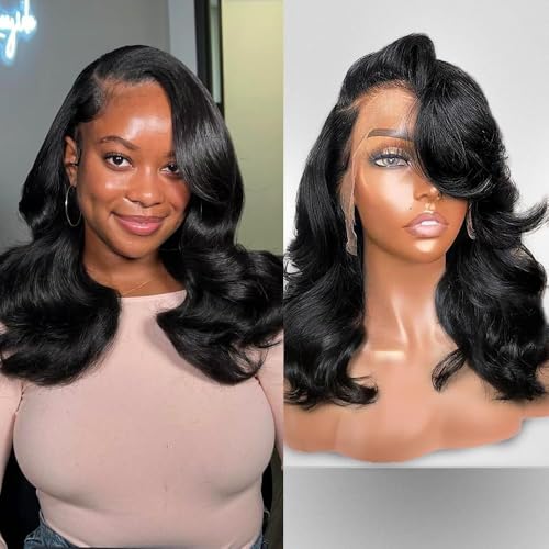 13x4 Body Wave Lace Front Wigs Human Hair 180 Density 16 Inch Lace Frontal Wigs Human Hair Pre Plucked HD Transparent Short Body Wave Wigs for Women Natural Black Color