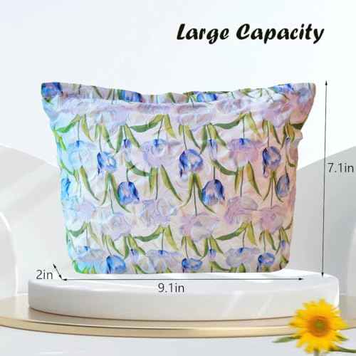 Makeup Bag for Women,Canvas Zipper Women Purse,Small Makeup Bag,Floral Cosmetic Bag,Fashion Cosmetic Brush Organizer,Sister Gift Travel Toiletries Bag(Blue)