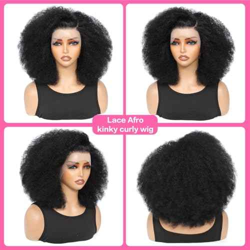 Afro Kinky Curly Wig 13x4 Lace Front Wigs 180% Density Human Hair Blended Kinky Curly Lace Frontal Wigs for Black Women 18 Inch Natural Black