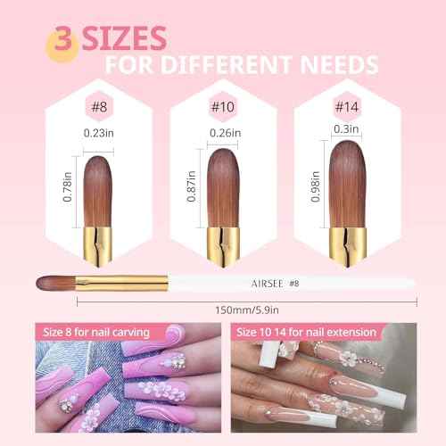 AIRSEE 3PCS Acrylic Nail Brush Set, Size 8/10/14 for Beginner & Professional Use for Acrylic Powder, Nail Art Extension & 3D Carving, 3A+ Nylon, DIY Salon Home, White