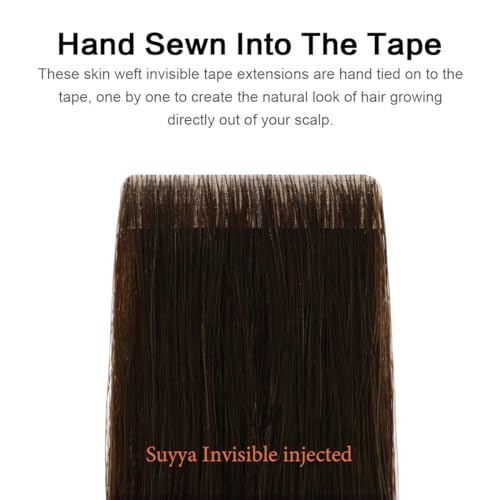 SUYYA Invisible Tape in Hair Extensions Human Hair Darkest Brown Seamless Injected Hand-Tied Pro Quality Virgin Human Hair 20PCS 40G/Pack Straight Tape Ins(16 inch #2 Darkest Brown)