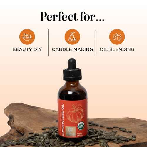 Pumpkin Seed Oil Organic Certified - 100% Pure Organic Pumpkin Seed Oil for Hair and Anti Aging Face Oil - USDA Organic Hair Oil for Dry Hair and Volume - Virgin Cold Pressed & Unrefined (4oz)