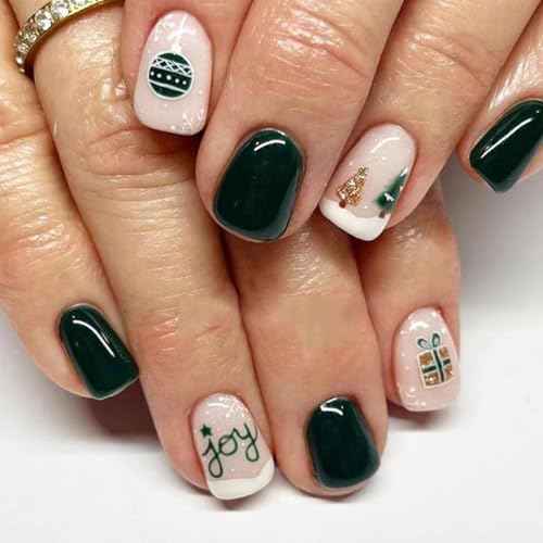 24 Pcs Christmas Green Press on Nails Short Square - SHANRUN Xmas Pink Fake Nails Press ons Nail Art Tip Glue on Nails Full Cover Artificial Acrylic False Nails Christmas Tree Lantern Gift Box Design